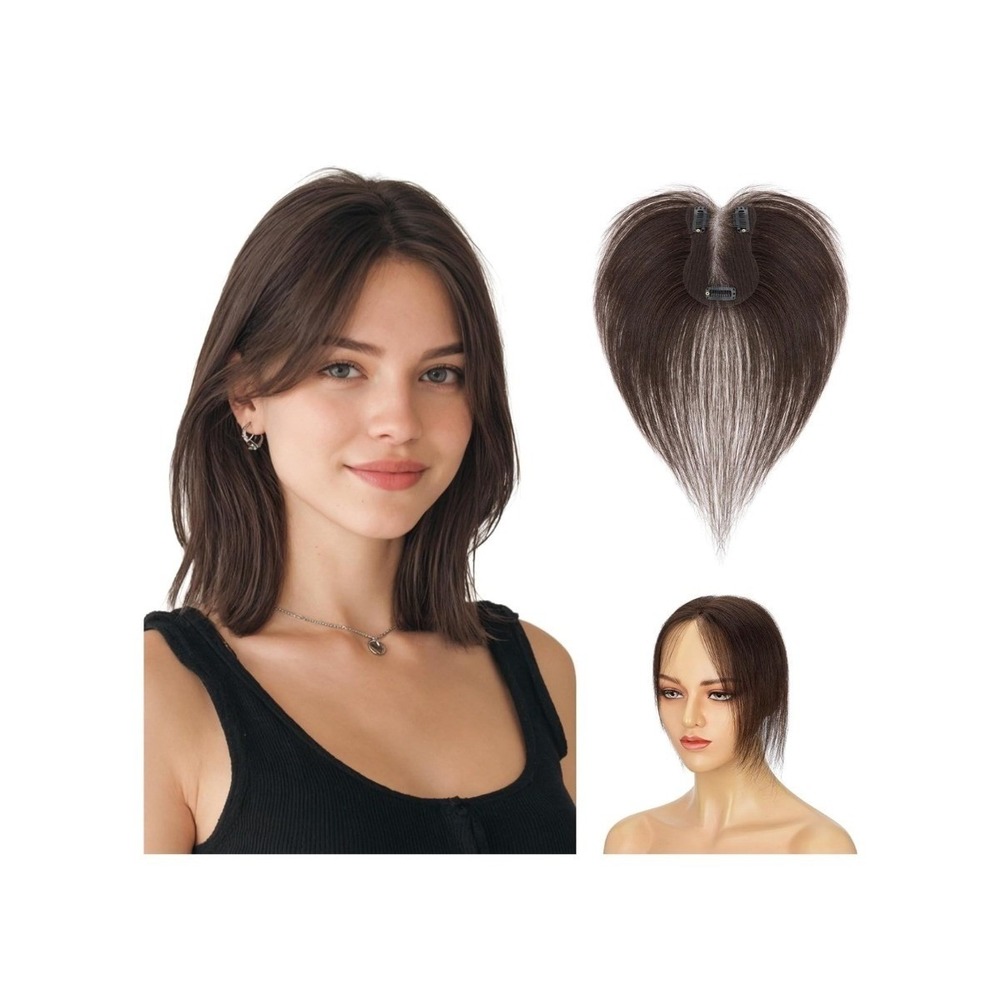 Brunette Human Hair Topper Dark Brown 11 Inch Clip In Bangs Middle Part Wiglet